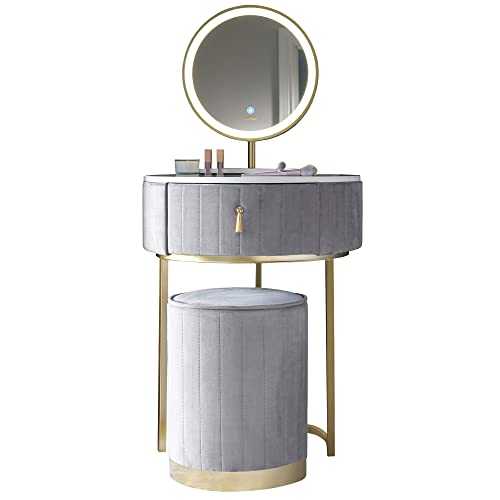 CARME Ibiza Bohemia Velvet Dressing Table Stool Set with LED Touch Sensor Mirror in Dove Grey
