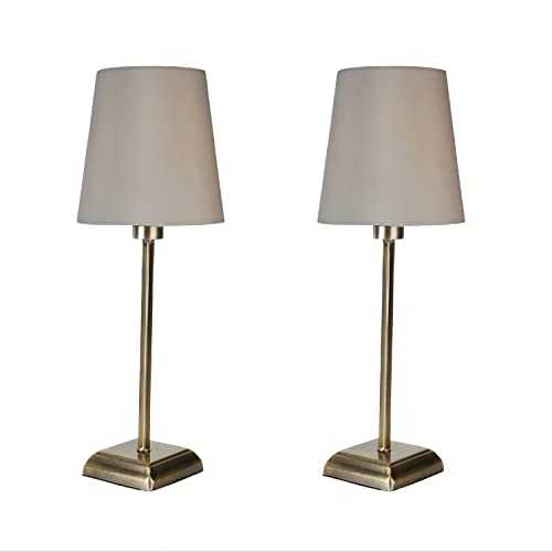 Pair of Classic Antique Brass Touch Lamps Bedside Lights w/Ivory Fabric Shades