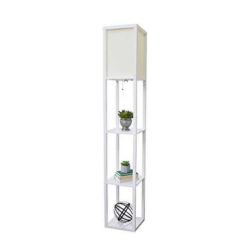 Simple Designs LF1014-WHT Floor Lamp Etagere Organizer Storage Shelf with Linen Shade, White