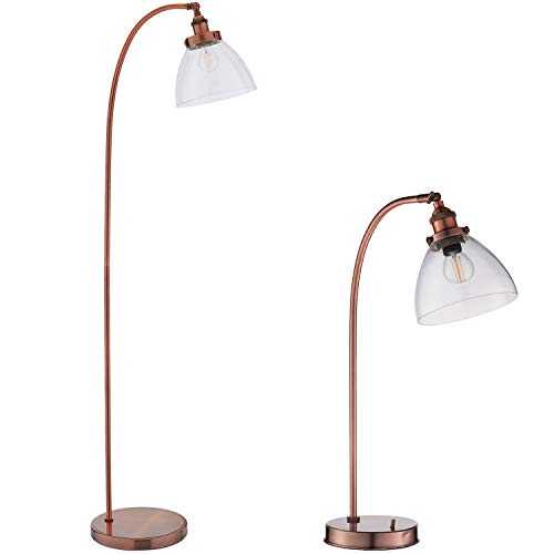 1520mm Floor & 533mm Table Lamp Matching Set | Aged Tarnished Copper & Clear Glass Shade | Modern Industrial Style Moving Head Living Room Lounge Bedroom Bedside Light Pack | Free-Standing