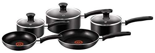 Tefal Essential, Aluminium Pots and Pans Set, 16 cm, 18 cm and 20 cm Saucepans with Lids, 20 cm and 24 cm Frying Pans, Black, B372S544