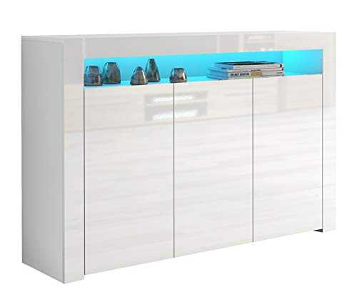 IF Modern Large White High Gloss Sideboard with Blue LED Lights Quality Cupboard Cabinet Unit White High Gloss Top & Doors/White Matt Body LILY