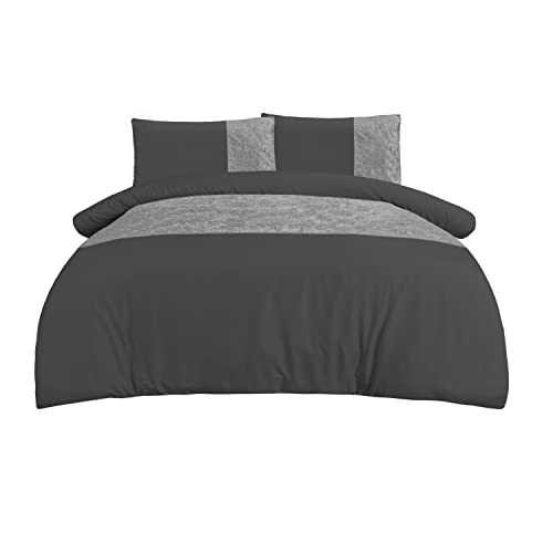 Sleepdown Velvet Cuff Charcoal Grey Panel Band Luxury Soft Cosy Duvet Cover Quilt Bedding Set with Pillowcases - Super King (260cm x 230cm)