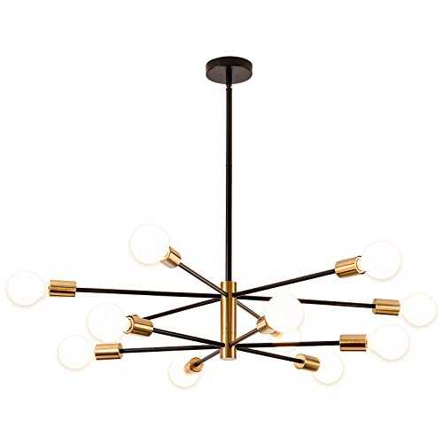 Modern Sputnik Chandelier,SOZOMO Nordic Pendant Lighting Fixture with 3 Spare Rod (Total:80cm) and Universal Joints, Black and Gold Mid Century Ceiling Chandelier for Living Room Bedroom Dining Room.