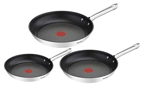 Tefal A704S3 Duetto 3-Piece Frying Pan Set 20, 24 and 28 cm Non-Stick Coating Integrated Temperature Indicator Suitable for All Types of Cookers, Including Induction Hobs Stainless Steel / Black