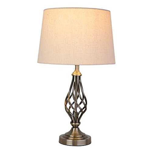 Queenswood Traditional Twist Table Lamp / Antique Brass / Natural Linen Drum Shade