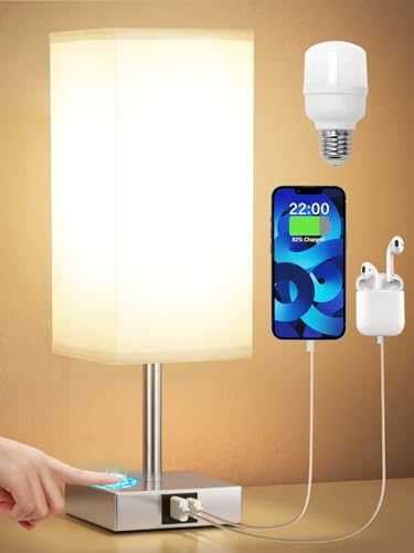 Aooshine Bedside Lamps, Touch Control Table Lamp with USB A+C Charging Ports, Lamps 3 Way Dimmable, for Bedroom Living Room Grey Fabric Shade (LED Bulb Included)