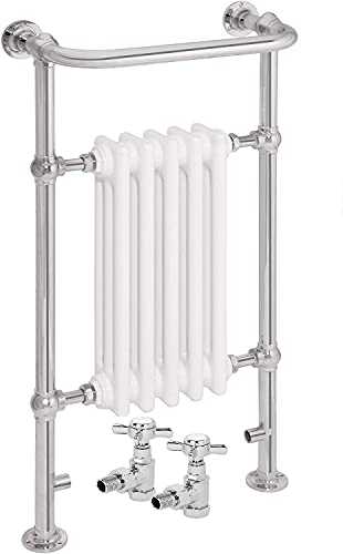 AQUAWORLD Traditional Victorian Style Heated Towel Rails for Bathroom with Radiator, Floor Mounted Towel Warmer Rack White & Chrome Finished 5 Column 952 X 500 X 225 MM with Valve