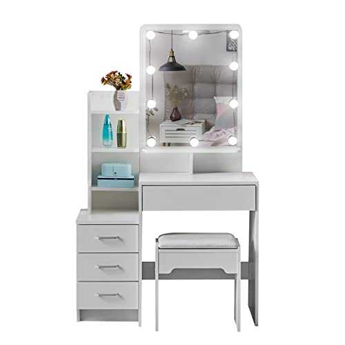 TUKAILAi Dressing Table with Mirror and Stool and Lights Corner Vanity Makeup Desk Set with Drawers, 1 Mirror, Shelves and Stool Bedroom Furniture