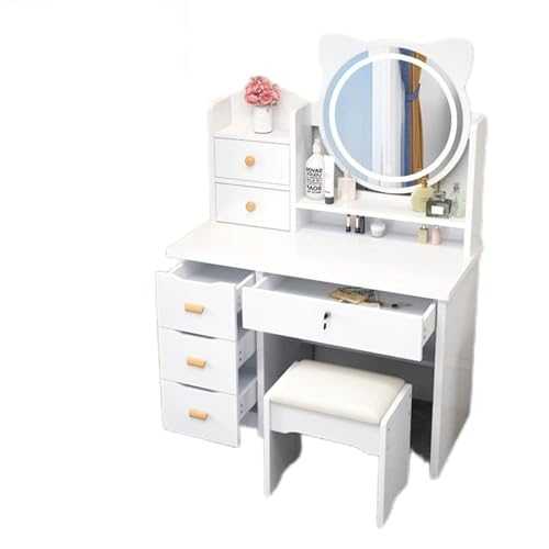 Saimly Dressing Table with Large Round Mirror, Vanity Table Set with Upholstered Stool, Makeup Dressing Table with 6 Drawers and Shelves