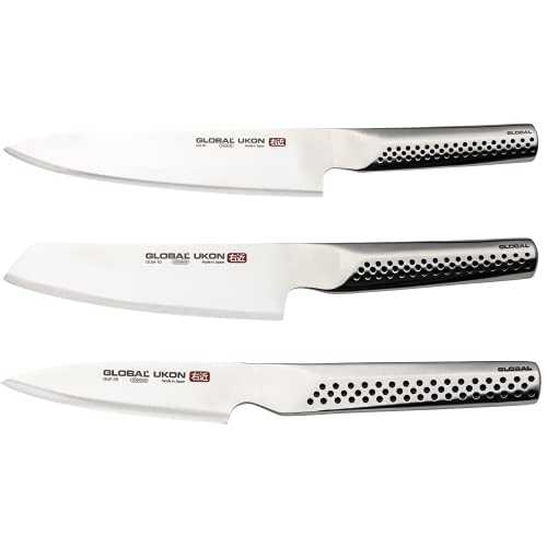 Global UKON Range 3-Piece Kitchen Knife Set - Contains GU-01 Cook's Knife, GUM-10 Vegetable Knife and GUF-30 Paring, Silver, GU-3003