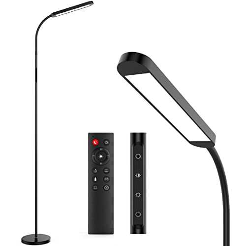 MediAcous LED Floor Lamp, Adjustable Gooseneck Standing Lamp with 5 Color Temperature and 5 Brightness, Modern Lamp for Living Room Bedroom with Remote, Touch Control, Timer, Memory Function, Black