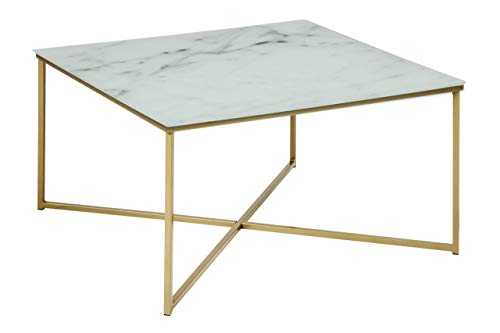 Amazon Brand - Movian Rom Square Coffee Table, 80 x 80 x 45 cm, Glass Top with White Marble Effect/Metal Frame