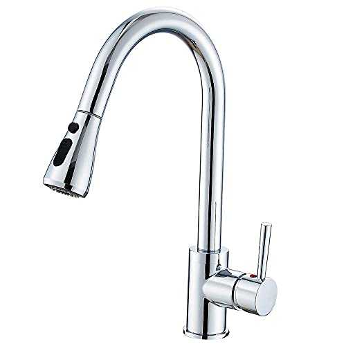Heable Kitchen Sink Mixer Tap with Pull Down Sprayer Chrome, Single Handle High Arc Pull Out Kitchen Taps, Single Level Solid Brass Kitchen Faucet with UK Standard Fittings