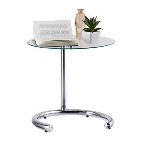 Relaxdays Height-Adjustable Coffee Table 70 cm, Round Living Room Stand, Chromed Steel, Glass Top, Tempered, Silver, 46 cm Ø