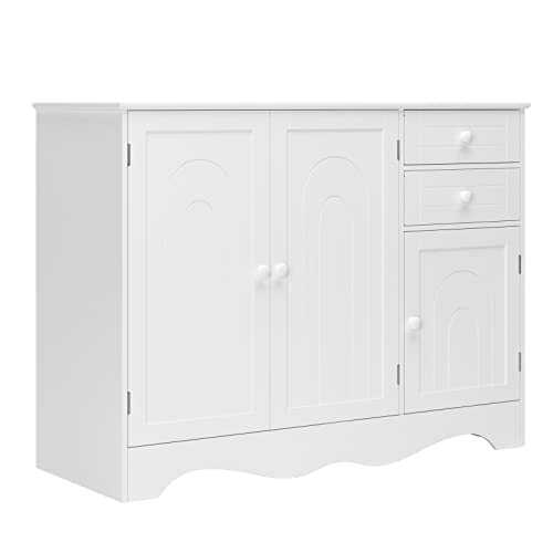 HOCSOK White Sideboard, Kitchen Cabinet with 3 Doors and 2 Drawers, Buffet Table for Kitchen, Living Room, Dining Room, Entrance, 40 x 105 x 78 cm