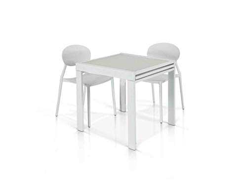 Extendable table up to 180 cm, Modern, White Glass top, White Metal Base - Size 90×90x75 cm.
