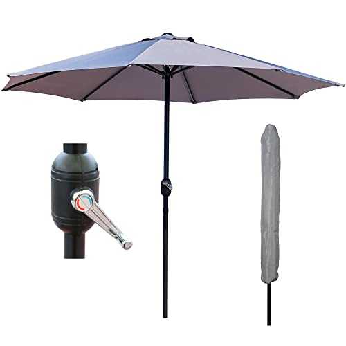 GlamHaus Parasol Garden Umbrella - Crank Handle - UV40+ Protection - Additional Parasol Protection Cover - for Garden and Patios (Grey)