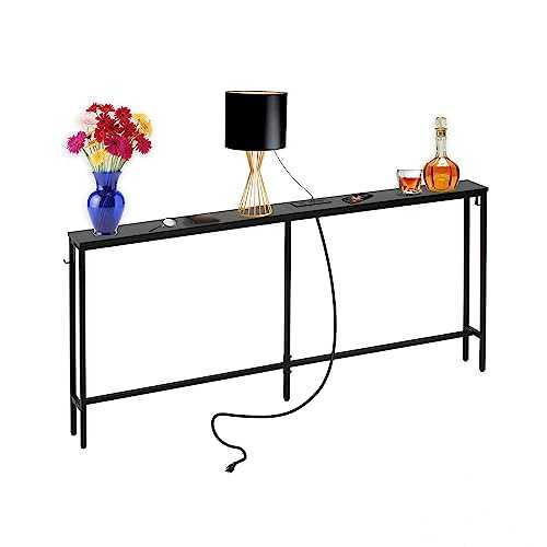 SUCRSIXBRO Console Table with Charging Station, 63" Narrow Sofa Table, Entryway Table with Outlets and USB Ports,Easy Assembly,Living Room, Bedroom,Black