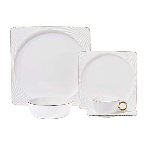 Chulan Dinnerware Sets, Bone China Dinnerware Sets for 1 Person, Square Sun Collection, Modern Tableware (Dinner Plate, Salad Plate, Cereal Bowl, Coffee Mug, Saucer)
