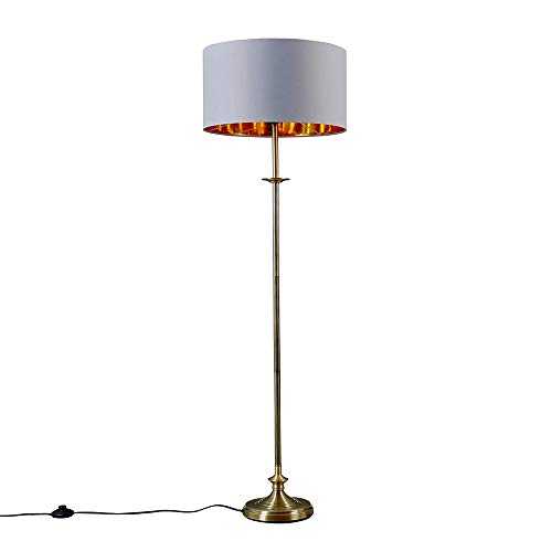 Traditional Style Antique Brass Sconce Floor Lamp with a Grey/Gold Drum Shade - Complete with a 6w LED Bulb [3000K Warm White]