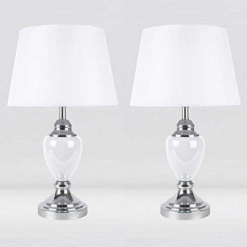 Set of 2 Contemporary Chrome & White Urn Style Table Lamp or Bedside Lights with White Shades