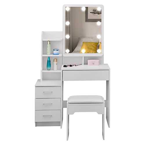 OFCASA Dressing Table with Hollywood LED Lights and Stool 4 Drawers and Shelves White Makeup Desk Adjustable LED Lights Vanity Storage Dressing Table for Girls Bedroom Dressing Room