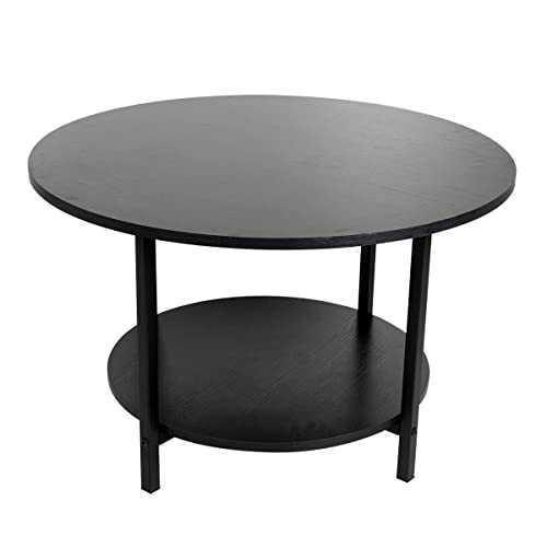 Round Coffee Tables, Accent Table Sofa Table Tea Table with Storage 2-Tier for Living Room, Office Desk, Balcony, Wood Desktop and Metal Legs, Black 27.6 Inches