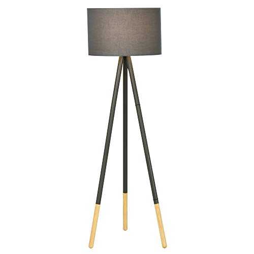 HOMCOM Stylish Steel Tripod Floor Lamp w/Fabric Lampshade Wood Accents Floor Switch Home Style Land Lamp Office Bedroom Modern Grey