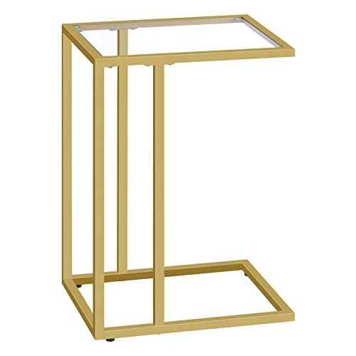 HOOBRO C Shaped Side Table, Tempered Glass Gold Side Table, Under Sofa Table, Small Coffee Snack Table for Small Spaces, Laptop End Table for Living Room, Bedside Table, Metal Frame, Gold EGD03SF01G1