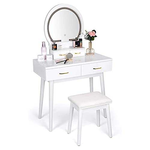 Dressing Table, Dressing Table with Mirror, LED Lighted Dressing Table, 3 Color Modes, Adjustable Brightness, 4 Drawers, Makeup Table with Padded Stool (White)