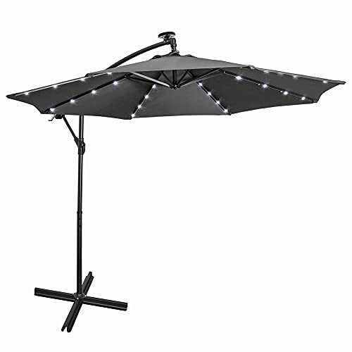 Mondeer Cantilever Parasol, Garden Umbrella 3M Aluminium Waterproof UV Protection Height Adjustable Crank Handle with Solar LED Lighting for Outdoor Garden Patio (Grey)