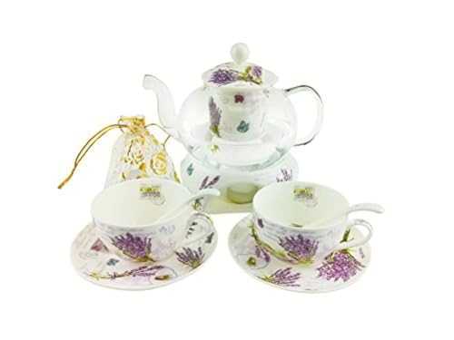 ufengke 6 Piece European Floral Tea Set,Lavender Pattern Bone China Tea Set Service Coffee Set,Heated Glass Teapot,For Gift And Household,Wedding
