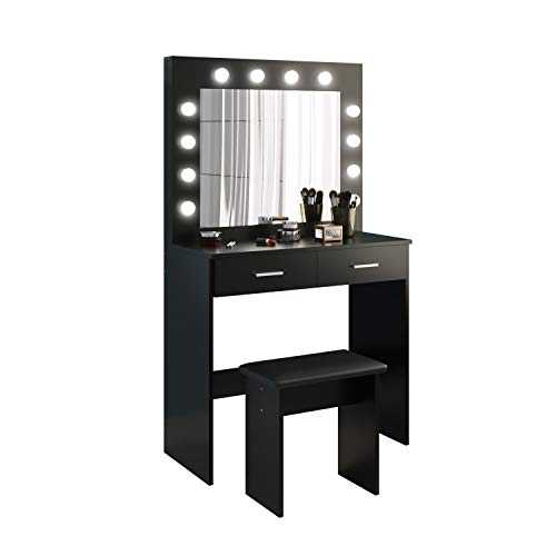 Dressing Table Set with Hollywood LED Lights Mirror, Vanity Makeup Table 2 Large Drawers and Stool (Black)