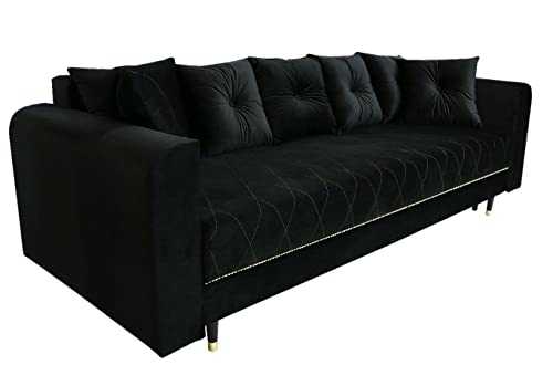 Sofa bed with bedding storage 225x97 cm black (sleeping surface 195x145 cm) - with armrests, 7 cushions, in velour fabric, with gold decorations - 3 seater sofa bed for living room, guest bed
