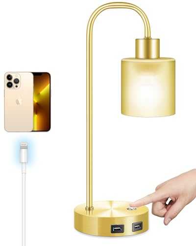 Matte Brass Table Lamp, 3 Way Dimmable Bedside Lamps, Edison Industrial Lamp, 2 USB Charging Ports,Matte Brass Minimalist for Bedroom Living Room, Frosted Glass Lampshade, 8W LED Bulb Included