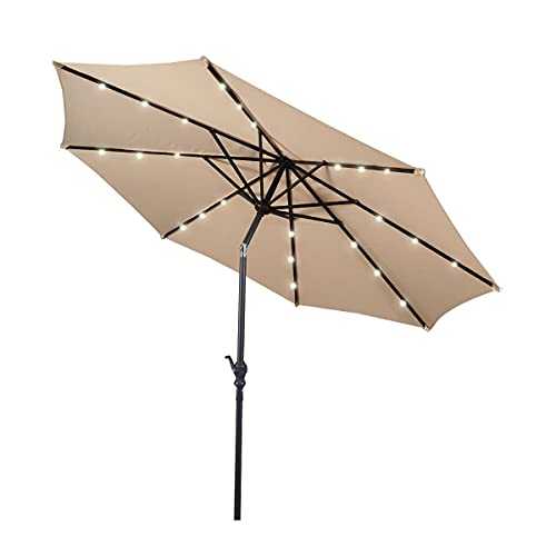 COSTWAY 3M Outdoor Parasol, Solar LED lights Umbrella with Winding Crank, Garden Patio Market Tilt Umbrella (Beige)