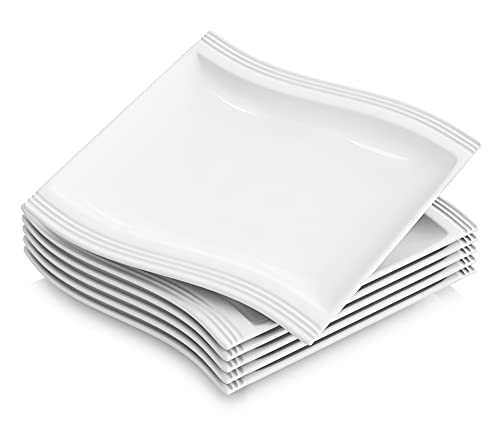 MALACASA, Series Flora, 10.25" Dinner Plates Wave Shaped Ivory White Porcelain China Large Dinner Plate Sets, Set of 6