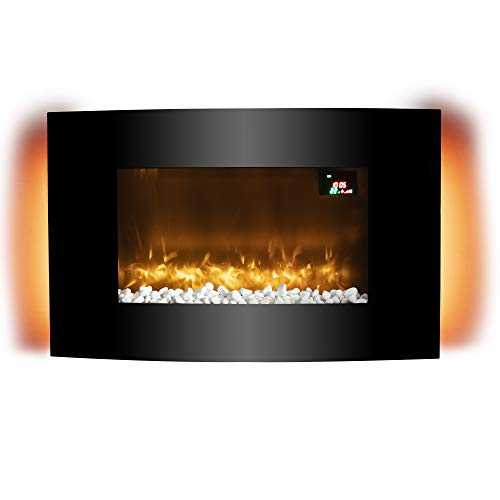 Warmlite WL45038 Glasgow Curved Glass Wall Mounted Fireplace, Remote Control Operated with 2 Heat Settings, LED Flame Effect and 6 Colour Mood Lighting, Black