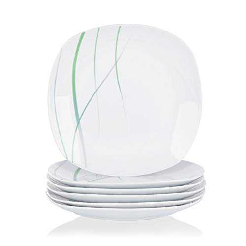 VEWEET 'Aviva' 6-Piece Porcelain Dinner Plate 9.75" Dinner Set Ivory White Green Lines Round Dinning Set Service Including Restaurants, Catering, Parties and Everyday Use (24.7 * 24.7 * 2.2 cm)