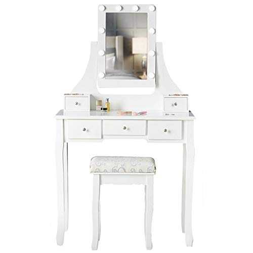 CARME Arianna Deluxe - White Dressing Table with Hollywood Mirror 10 LED Bulbs Lights 5 Drawers Stool Set