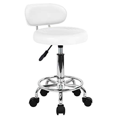 KKTONER PU Leather Modern Rolling Stool with Low Back Height Adjustable Work Salon Drafting Swivel Task Chair with Footrest (White)