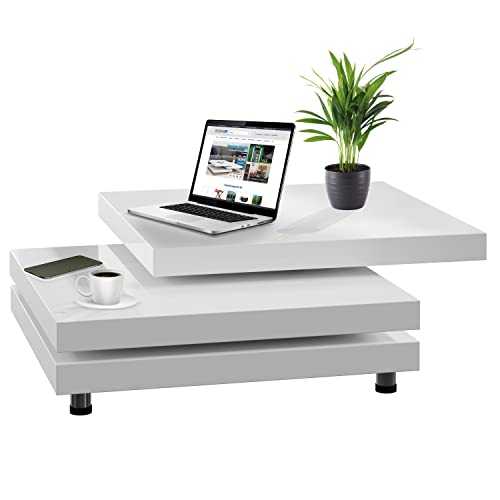 Deuba Coffee Table High Gloss Modern White Small Glossy 3 Tier Rotating Square Living Room Furniture 24 x 24“