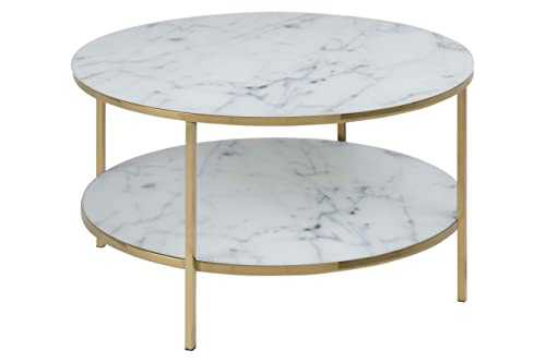Amazon Brand - Movian Rom Round Coffee Table with 1-Shelf, 80 x 80 x 45 cm, Glass Top with White Marble Effect/Metal Frame