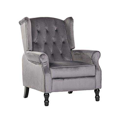 BOJU Adjustable Living Room Recliner Chair Grey Vintage Bedroom Armchair Single Sofa Chair Wing Back with Velvet Fabric Upholstered Seat Push Back Fireside Reclining Chairs