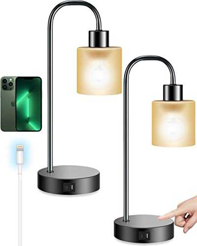 HesenDot Touch Bedside Lamp Set of 2, 3 Way Dimmable Edison Industrial Table Lamps with 1 USB, 1 Type C, Black Minimalist Nightstand Lamp for Reading Bedroom Living Room, Glass Lampshade,Bulb Included