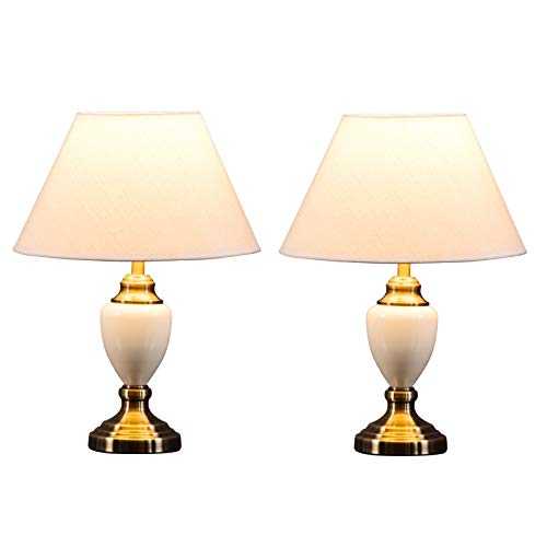 Pair of Malham Cream Ceramic Traditional Bedside Table Lamps & Shades - 2 Pack