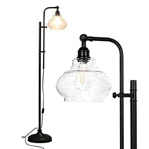 Brightech Austin - Industrial Floor Lamp for Living Rooms & Bedrooms with Rustic Glass Teardrop Shade - Farmhouse, Tall & Bright Reading Lamp - Standing, Adjustable Head Indoor Pole Lamp - Black