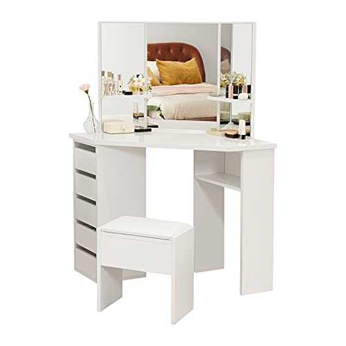 TUKAILAi White Corner Curved Dressing Table Makeup Desk with 5 Drawer 3 Mirror and Stool Makeup Vanity Table Bedroom Furniture with 25MM Thick Gloss Table Top