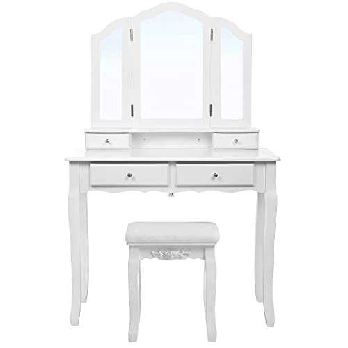 SONGMICS Large Dressing Table Set with Tri-fold Mirror Make-up Desk and Cushioned Stool 4 Drawers Easy to assemble White RDT07W, 90x40 centimeters